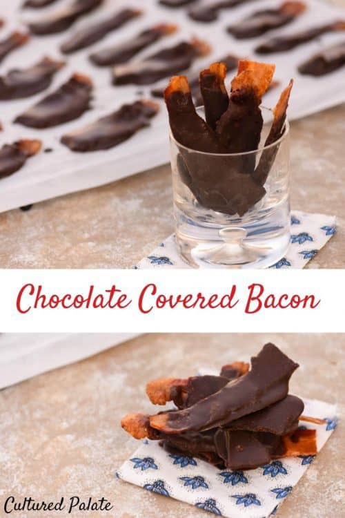 Chocolate Covered Bacon shown in a collage stacked and in a glass