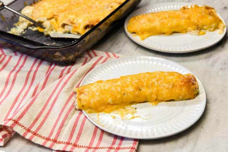 Easy Chicken Enchiladas shown on plate with dish in background