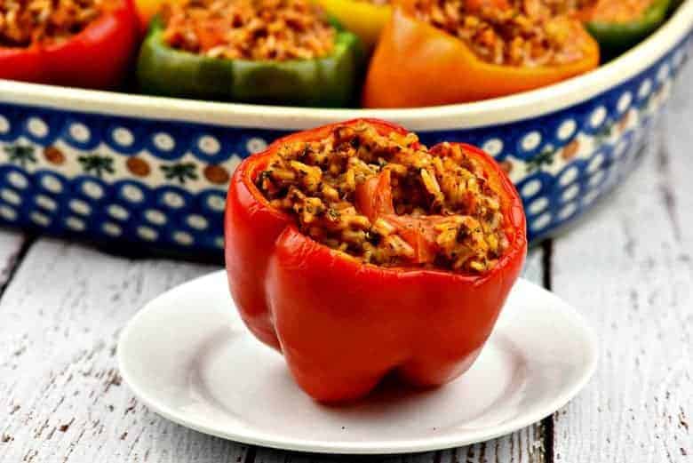 A close up of easy Stuffed Bell Peppers with rice on a plate