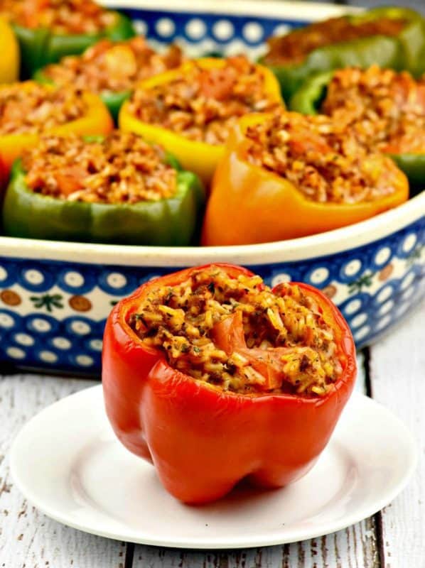 Easy Stuffed Bell Peppers - Stuffed Peppers with Rice shown on white plate