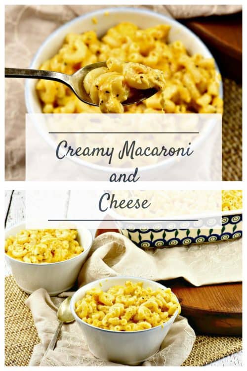 Creamy Macaroni and Cheese shown on table in bowls collage with one pic showing it on a spoon