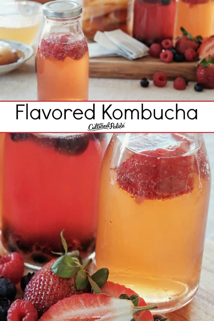 Flavored Kombucha shown with fruit and text overlay.