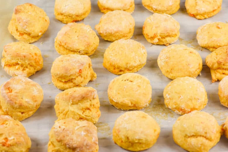 A close up shot of Sweet Potato Biscuits on a baking tray