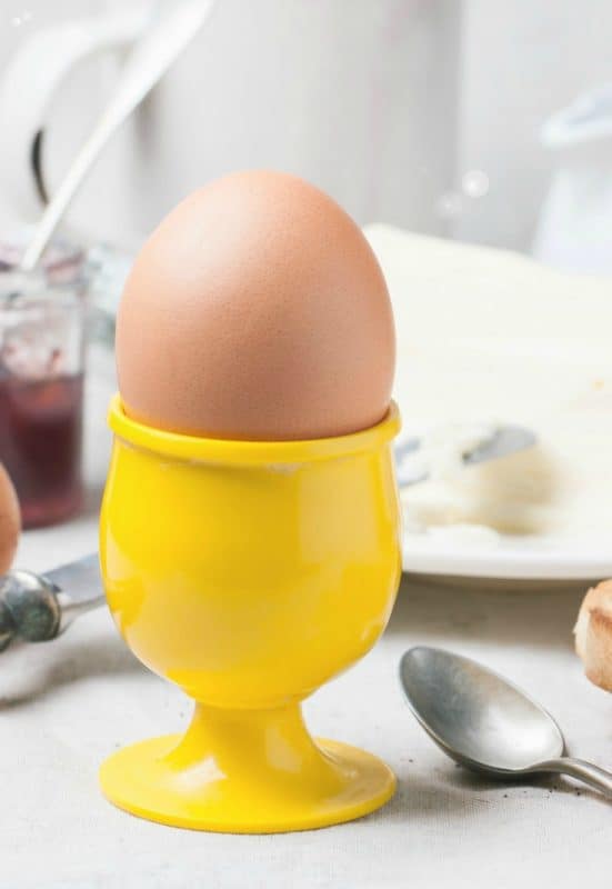 soft boiled eggs shown in egg cup from How to Boil Eggs