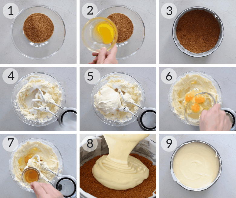 Steps shown to make the best cheesecake recipe with nine images.