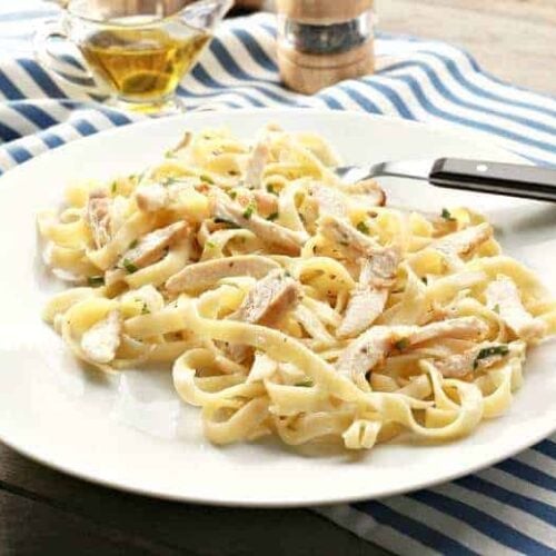 Easy Chicken Alfredo on a white plate