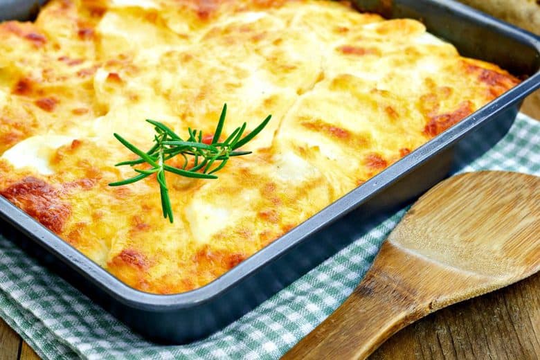 A close up of Easy Scalloped Potatoes in a large baking dish