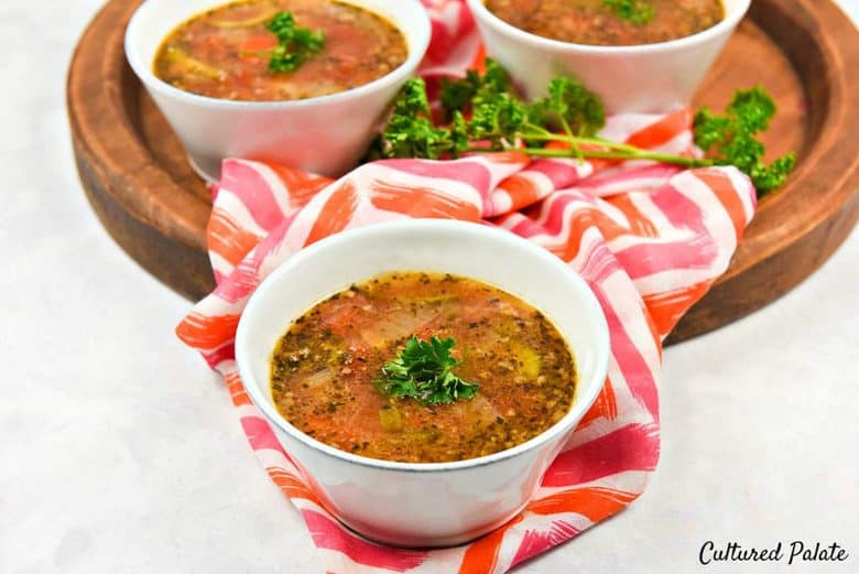 A close up of Instant Pot Minestrone Soup in a small white bowl