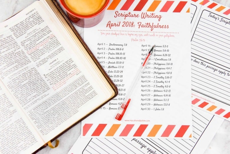 Faithfulness of God verses printable pages shown with Bible and cup of coffee