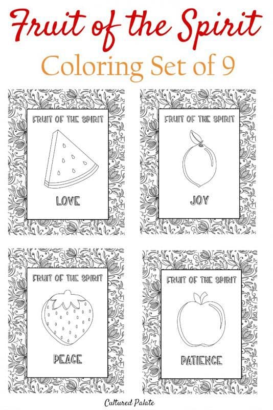 Fruit of the Spirit Coloring Pages with 4 different fruits shown