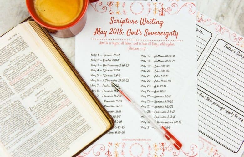 Scripture Writing Plan for May shown with Bible, coffee, pen