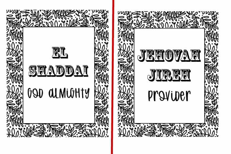 2 designs in the 5 coloring page set of the Hebrew Names of God set are shown