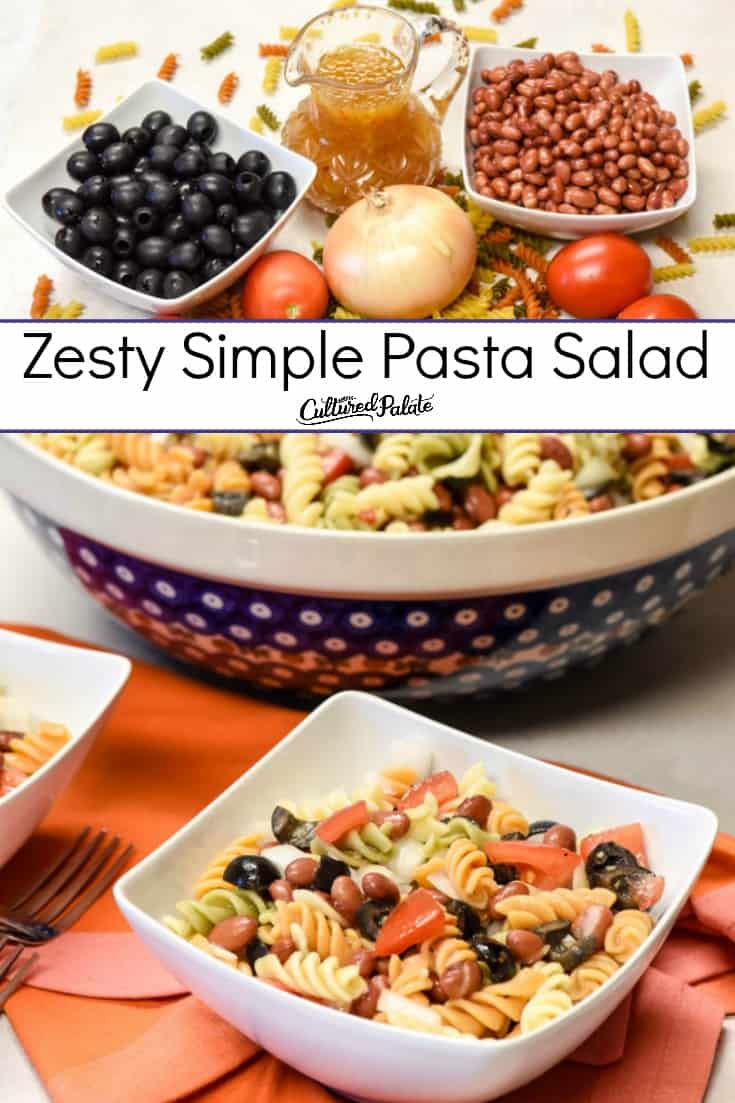 Simple Pasta Salad in white bowls with large serving bowl in background and fresh ingredients with text overlay.