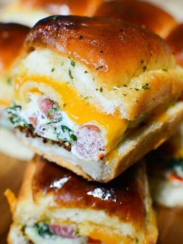 CLoseup view of a ready to eat Breakfast for Dinner Sliders Recipe in a horizontal image