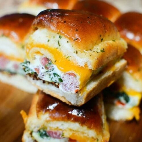 CLoseup view of a ready to eat Breakfast for Dinner Sliders Recipe in a horizontal image
