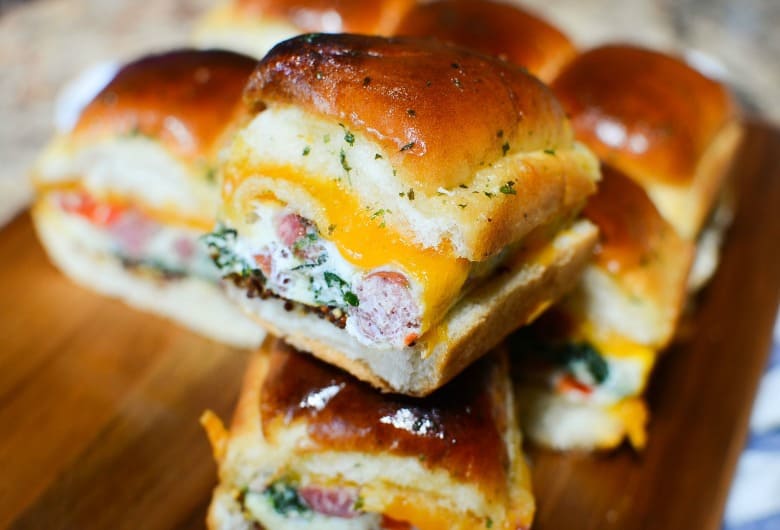 Closeup view of a ready to eat Breakfast for Dinner Sliders Recipe in a horizontal image