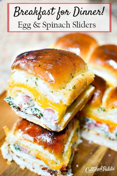Vertical image of Breakfast for Dinner Sliders Recipe ready to eat with title
