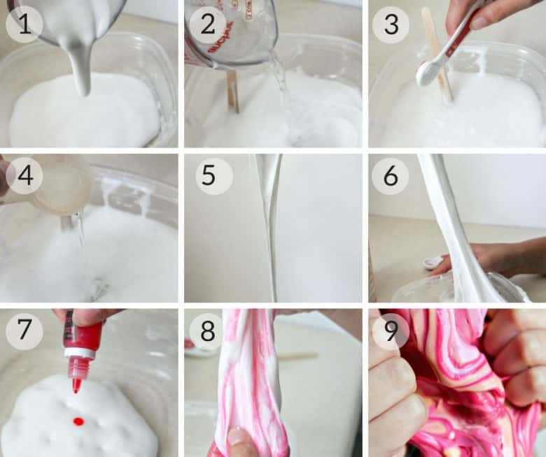 Photo tutorial showing the steps for making Homemade Slime Recipe Without Borax