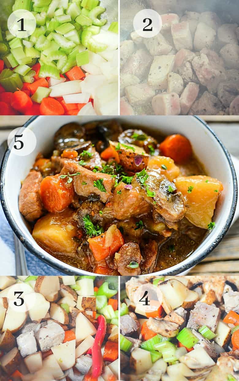 photo tutorial showing the steps to make pork stew