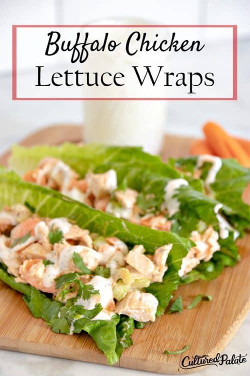 Chicken Lettuce Wraps shown in a vertical image with title - lettuce wraps on a cutting board with ranch in the background