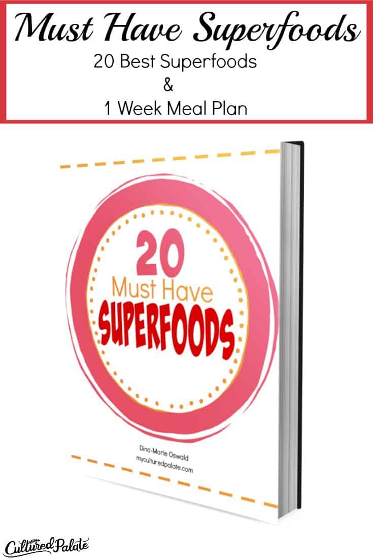 Titled vertical image of the 20 Must Have Superfoods ebook