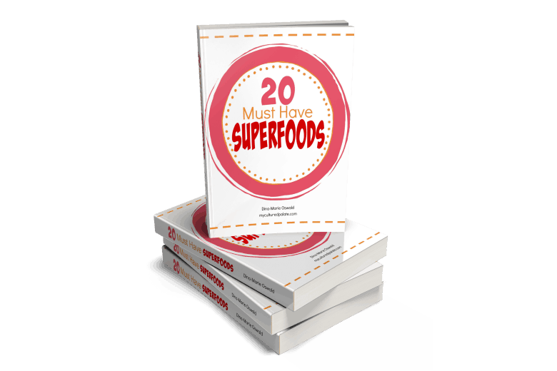 image showing a stack of 20 Must Have Superfoods ebook and the front cover of the top one facing viewer