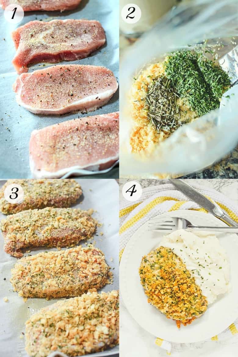 Four images showing the steps to make keto breaded pork chops