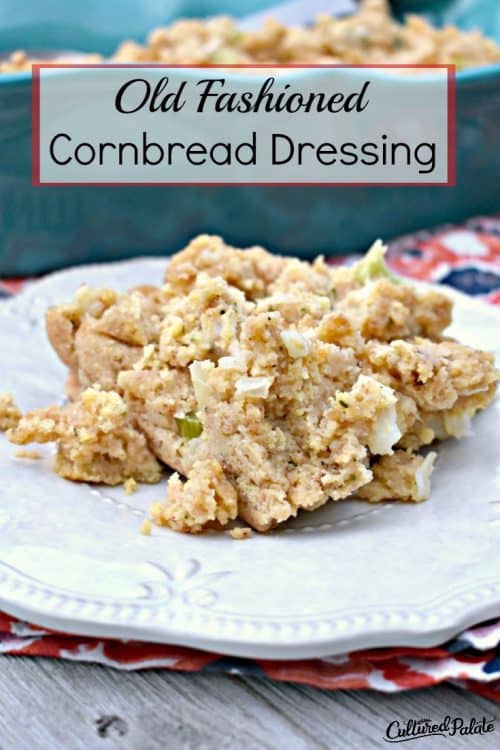Titled vertical image of cornbread dressing recipe on a white plate and wooden background