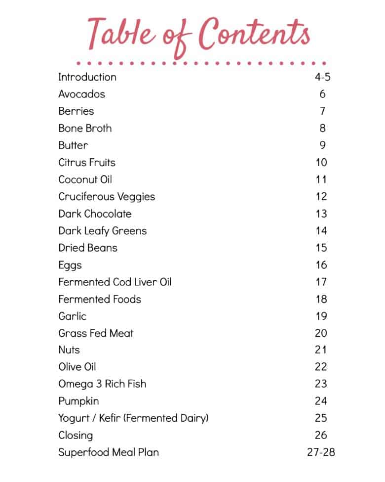 table of contents from the 20 Must Have Superfoods ebook showing the superfoods list and best superfoods to include in your diet