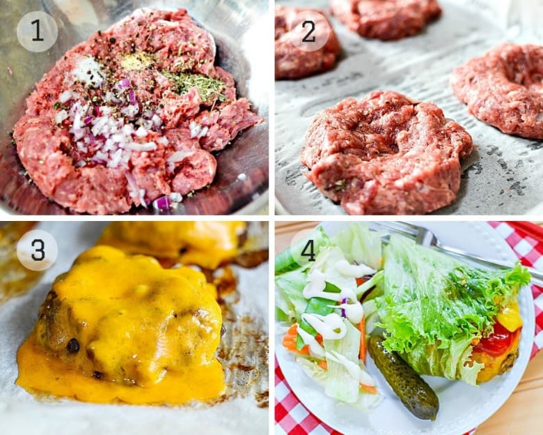 Burgers recipe shown with the 4 steps to make it.