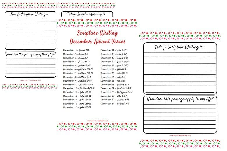 3 pages from the Advent Scripture Writing set - half lines pages, lined page and verses