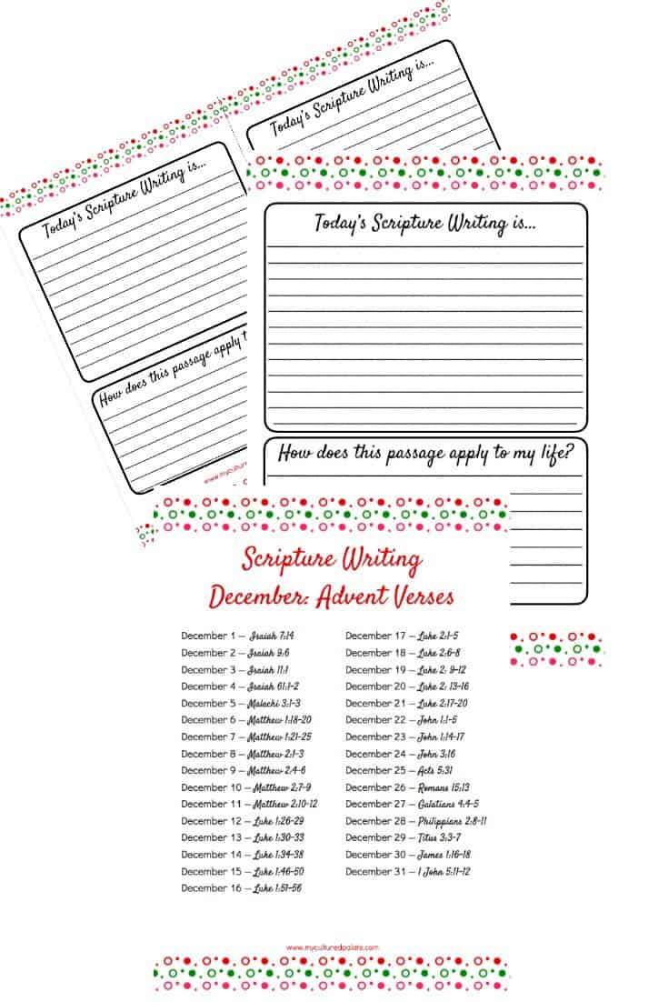 Vertical image showing the 3 pages that comes with the Advent Scripture Writing set - half lined, lined pages and verses for the month