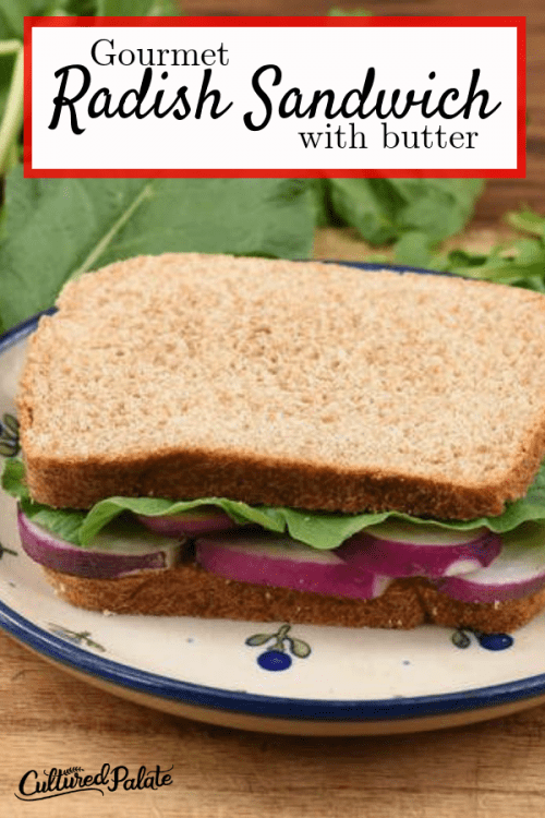 A photo of a radish sandwich with lettuce and butter on whole wheat bread. 