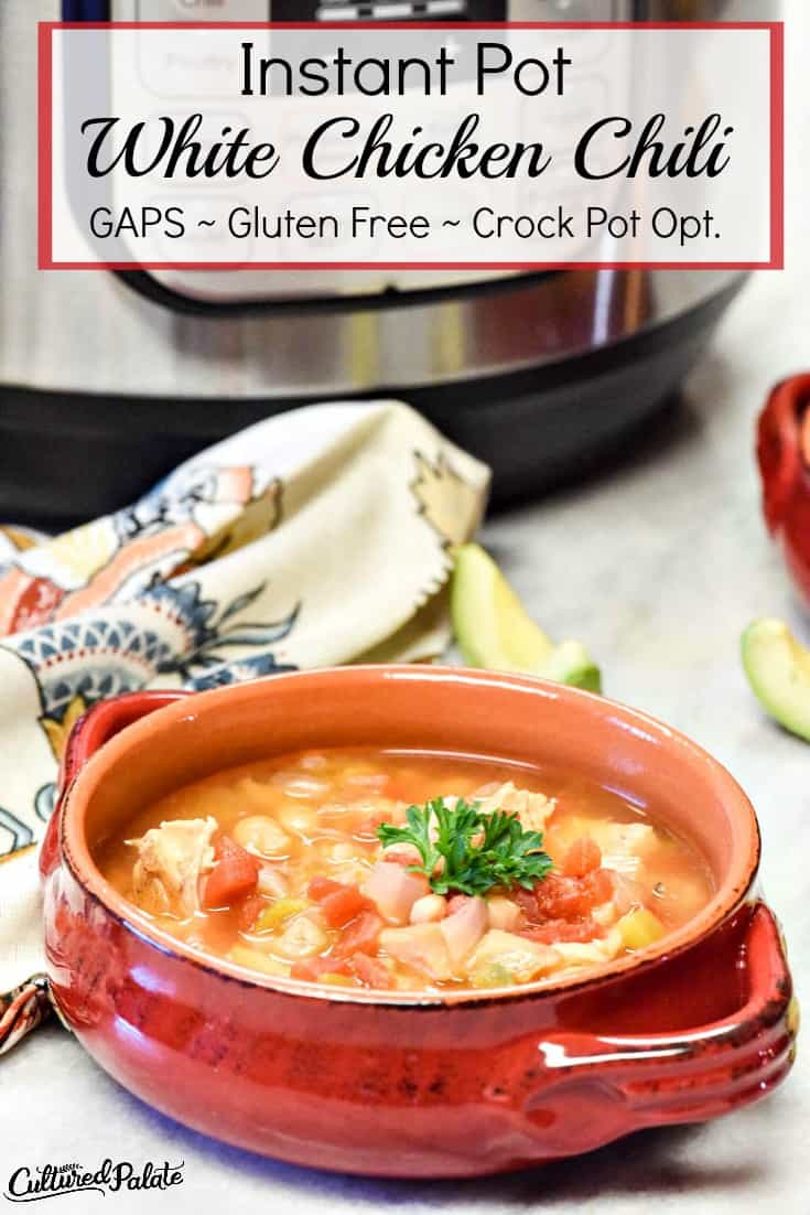 red bowl of instant pot white chicken chili with instant pot in background and text overlay