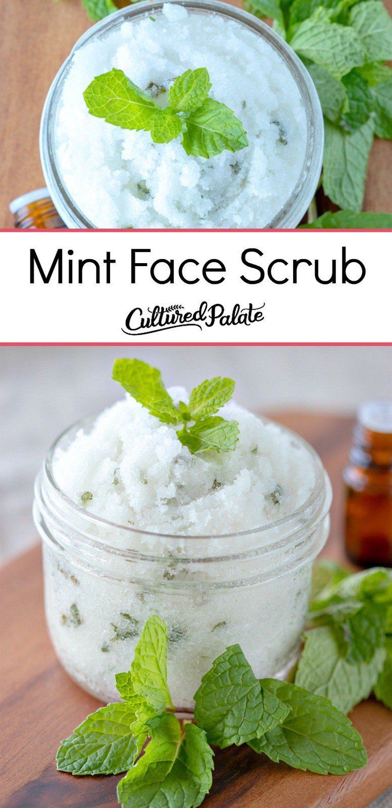 Mint Face Scrub, a homemade sugar scrub shown in glass jar in two images, both on cutting board with text overlay.