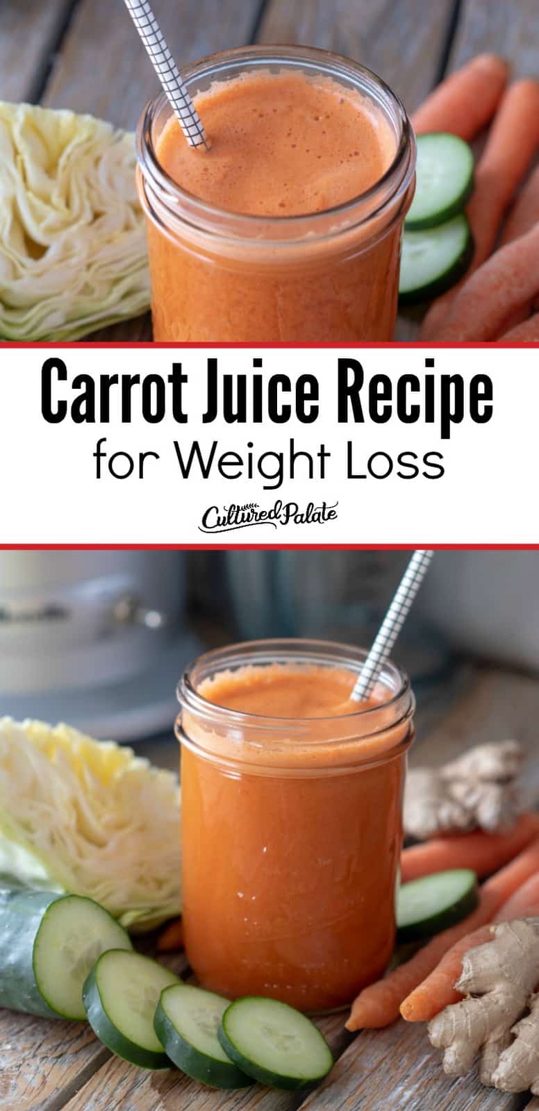 Carrot Juice Recipe for Weight Loss in glass jar shown in two images with text overlay.