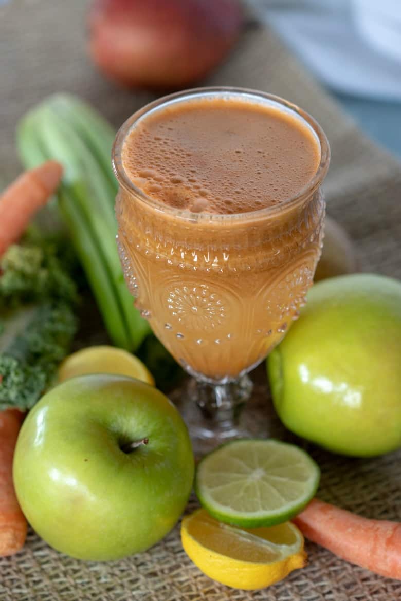 Green Carrot Juice Recipe shown in glass from overhead.