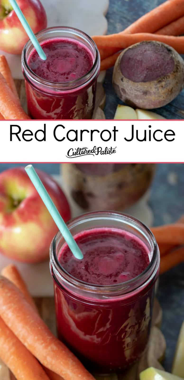 Red Carrot Juice shown in glass jar in two images and text overlay.