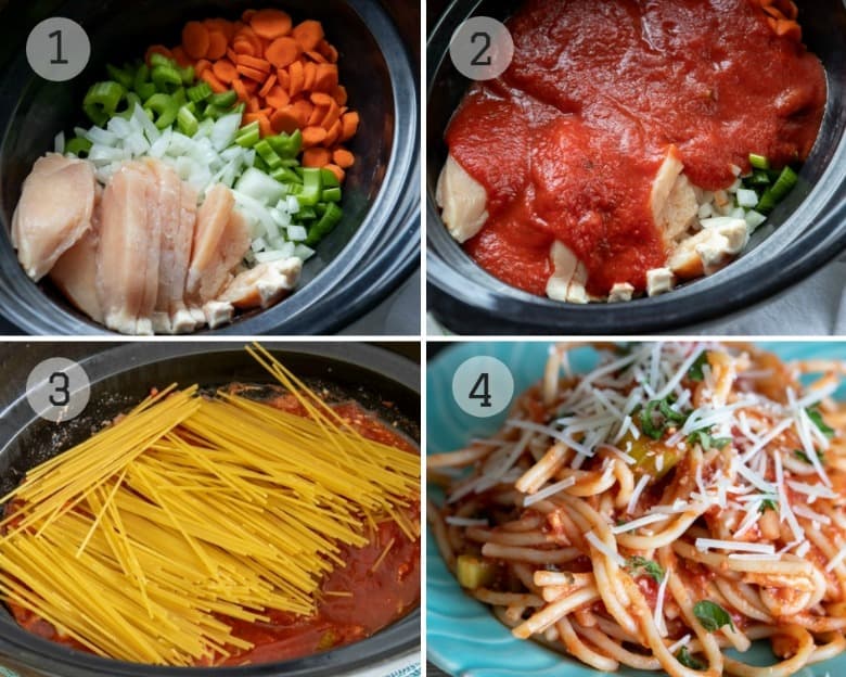 The four steps to make Crockpot Spaghetti shown in a collage image.