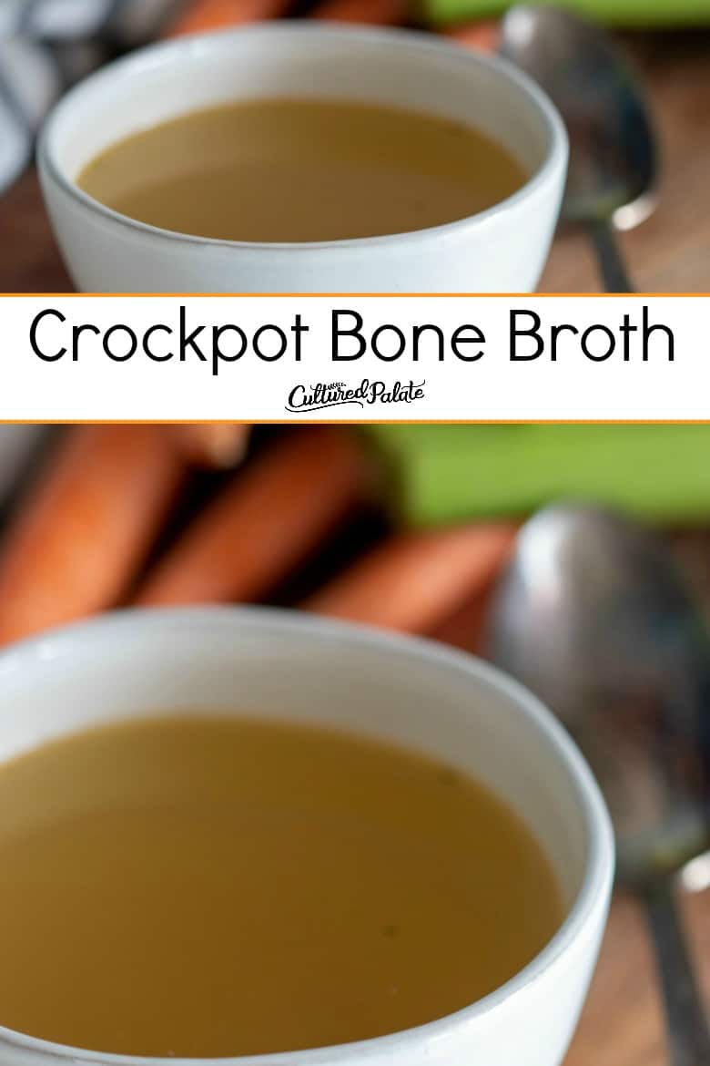 Two images of crockpot bone broth shown with text overlay and vegetables in the background.