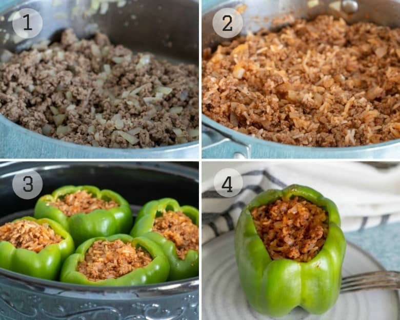 Steps to making Crockpot Stuffed Peppers shown in four images.