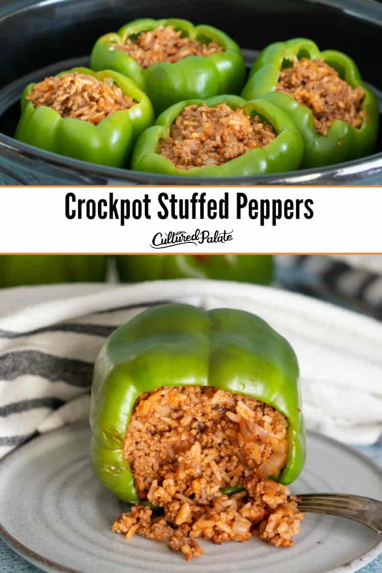 Crockpot stuffed peppers shown in the crockpot and finished ready to eat with text overlay.