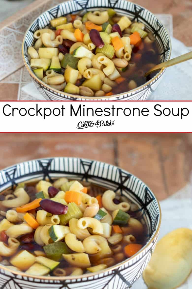 Minestrone Soup in the Crockpot shown in two images with text overlay