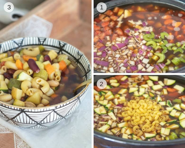 Steps to make Minestrone Soup in the Crockpot shown in three images.