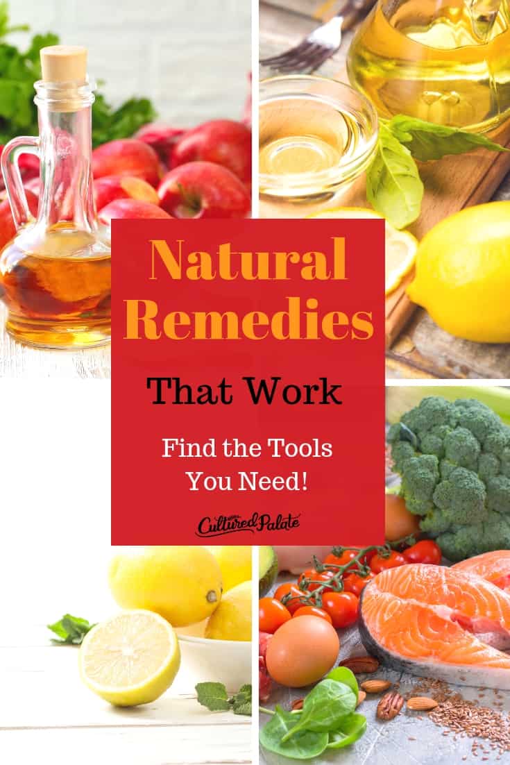 Natural remedies using ACV, lemons, olive oil and healthy diet shown in collage with text overlay.