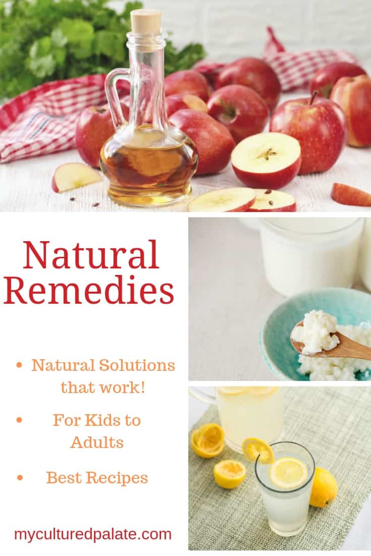 Natural remedies used shown in images of apple cider vinegar, lemon water and kefir with text overlay.