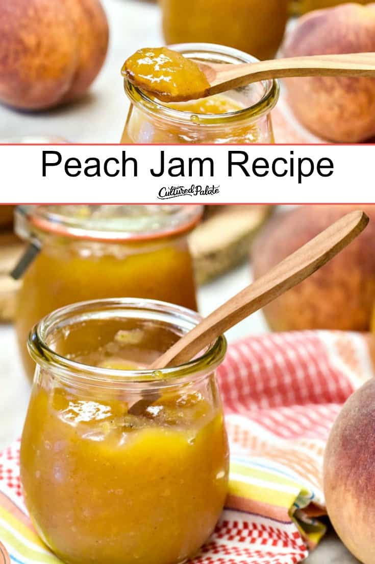 Peach Jam recipe shown make in glass jar with wooden spoon and text overlay.