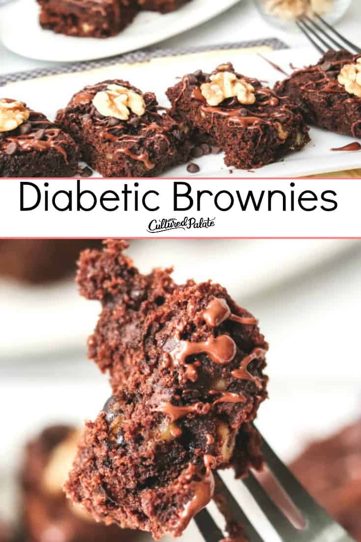 Diabetic Brownies on a fork and on a rectangular tray with text overlay.