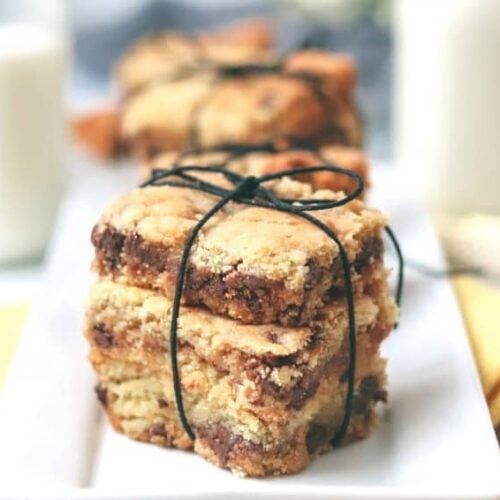 Keto Butterscotch Brownies shown closeup stacks three to a bundle.