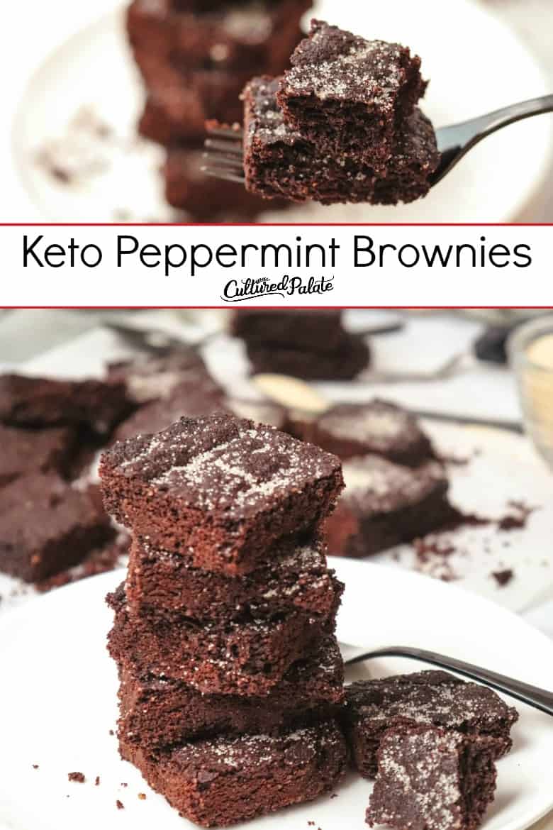 Keto Peppermint Brownies shown on a white plate and on a fork with text overlay.